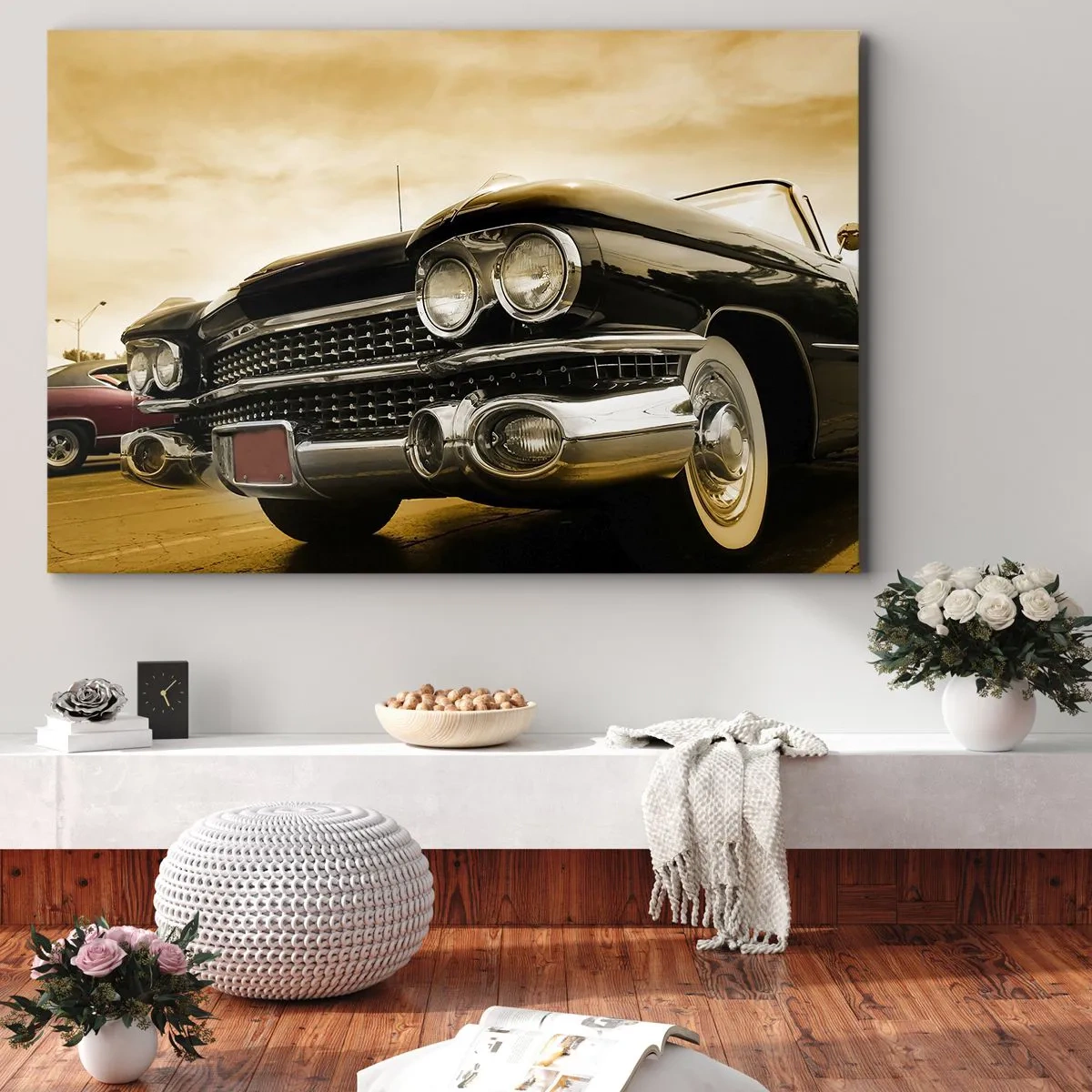 Obraz na plátně - Veterán s retro vzhledem a chromovanými detaily. - 70x50cm - Klasika nikdy nepomíjí - Moderní nástěnná dekorace do obývacího pokoje a ložnice ARTTOR