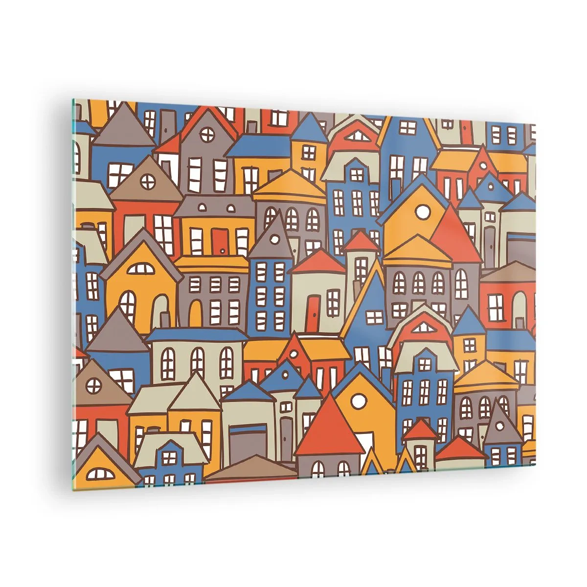 Obraz na skle - Barevné domy v grafickém stylu vytvářejí veselou krajinu - 70x50cm - Za domem dům - Moderní nástěnná dekorace do obývacího pokoje a ložnice ARTTOR