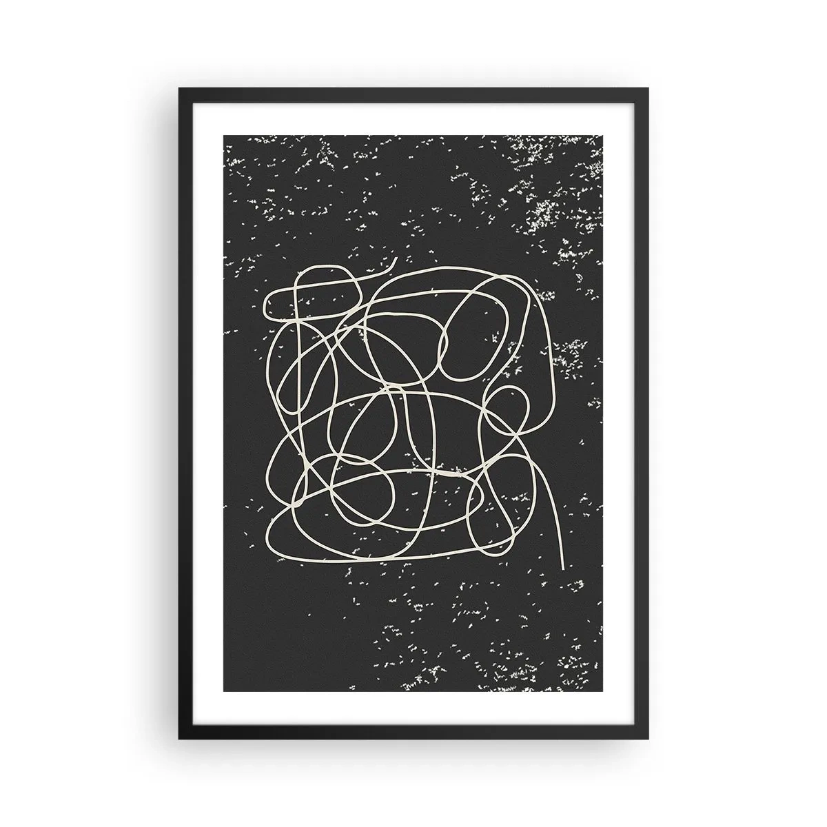 Plakát v černém rámu - Chaotické čáry na černém pozadí s bílými tečkami - 50x70cm - Toulání myslí - Moderní nástěnná dekorace do obývacího pokoje a ložnice ARTTOR