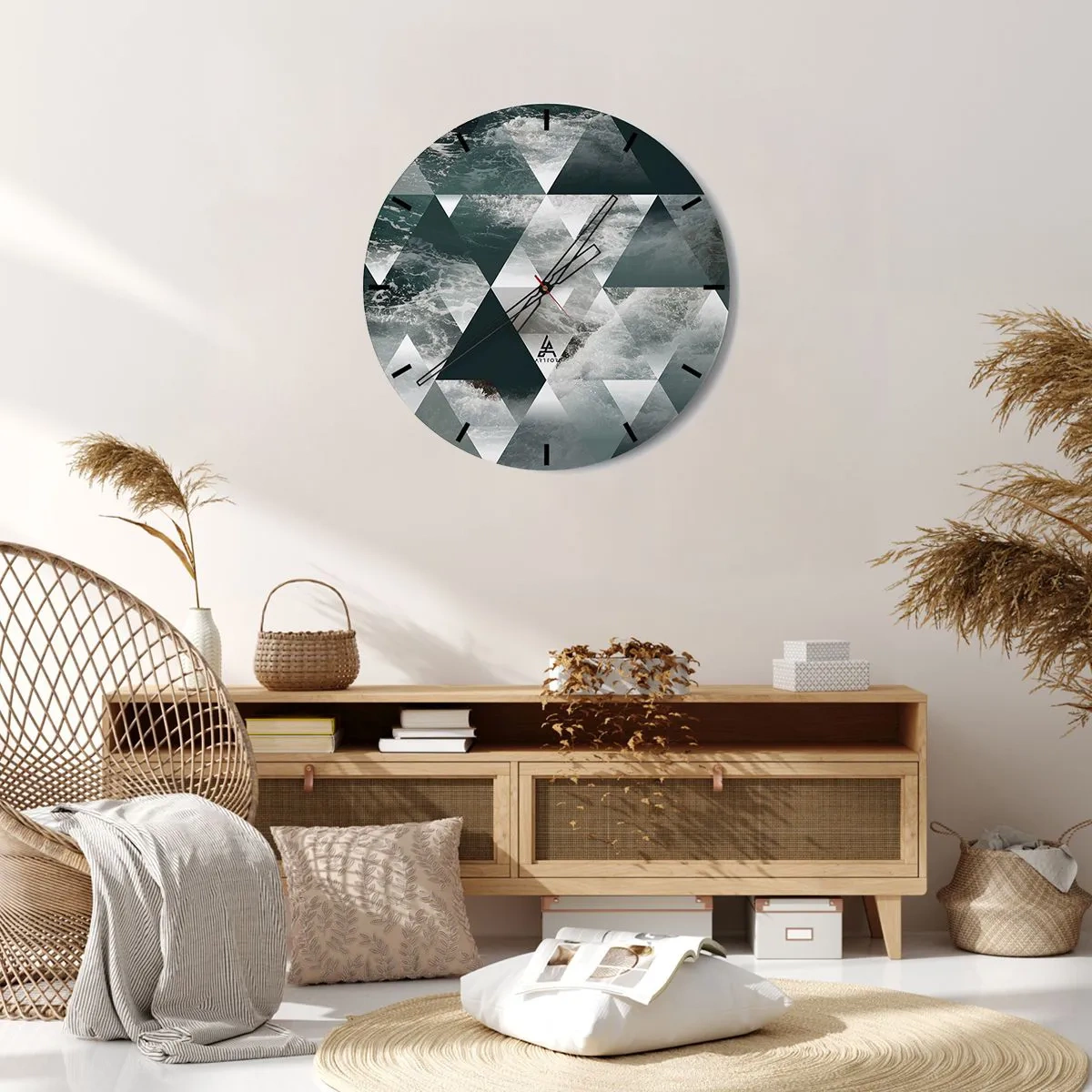 Nástěnné hodiny - Geometrické trojúhelníky s motivem bouřlivého oceánu - 30x30cm - Křišťálová perspektiva - Moderní nástěnná dekorace do obývacího pokoje, kuchyně a ložnice ARTTOR