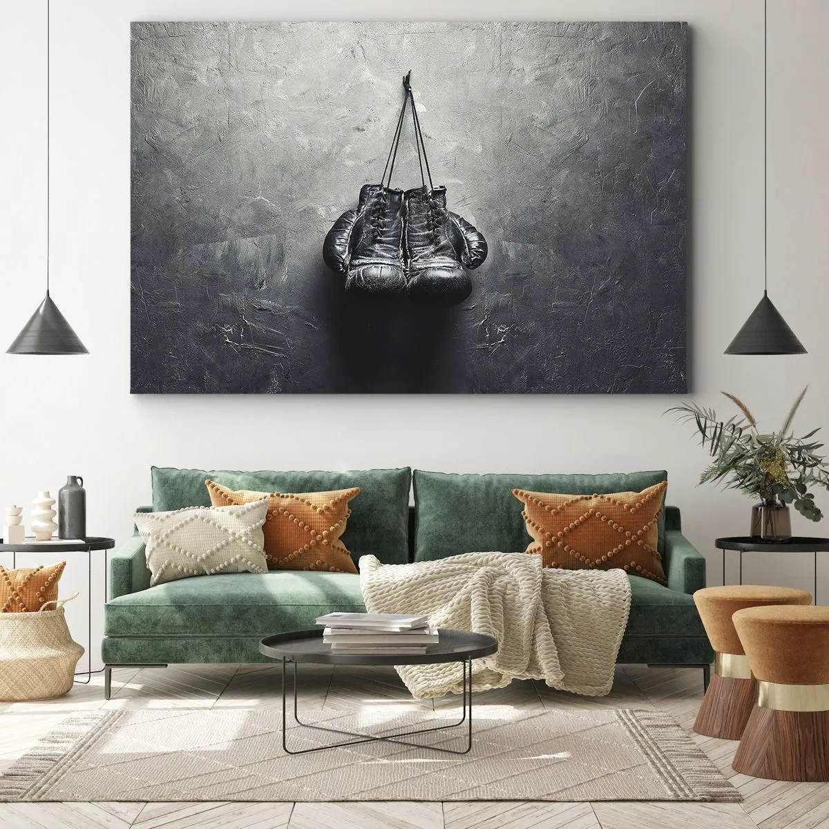 Obraz na plátně - Staré boxerské rukavice u zdi - 70x50cm - Čas boje a čas míru - Moderní nástěnná dekorace do obývacího pokoje a ložnice ARTTOR