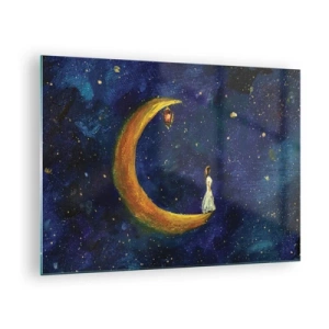 Obraz na skle - Postava na Měsíci na noční obloze - 70x50cm - Volání světa - Moderní nástěnná dekorace do obývacího pokoje a ložnice ARTTOR