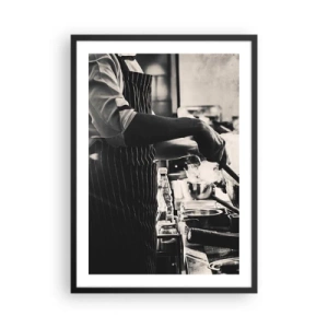 Plakát v černém rámu - Černobílá fotografie kuchaře v práci - 50x70cm - Alchymie chutí - Moderní nástěnná dekorace do obývacího pokoje a ložnice ARTTOR