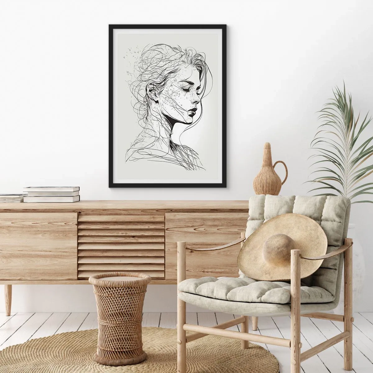 Plakát v černém rámu - Skica ženy s rozpuštěnými vlasy, vytvořená v minimalistickém stylu. - 50x70cm - Portrét v zamyšlení - Moderní nástěnná dekorace do obývacího pokoje a ložnice ARTTOR