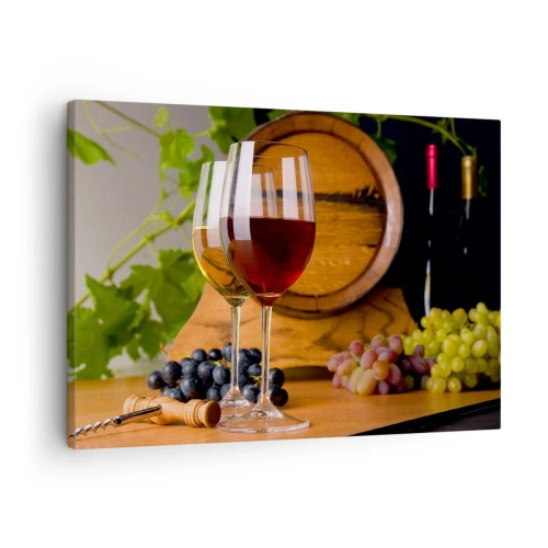 Obraz na plátně - Sklenice vína s hrozny, sud a lahve na dřevěném stole - 70x50cm - Jako u starých mistrů - Moderní nástěnná dekorace do obývacího pokoje a ložnice ARTTOR