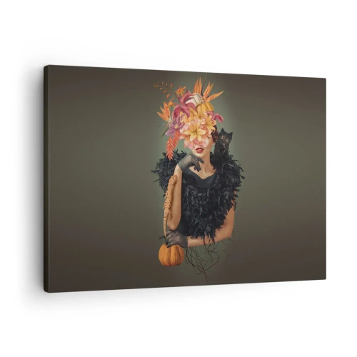 Obraz na plátně - Portrét ženy s podzimními motivy a kočkou - 70x50cm - Kouzlo čarodějnice - Moderní nástěnná dekorace do obývacího pokoje a ložnice ARTTOR