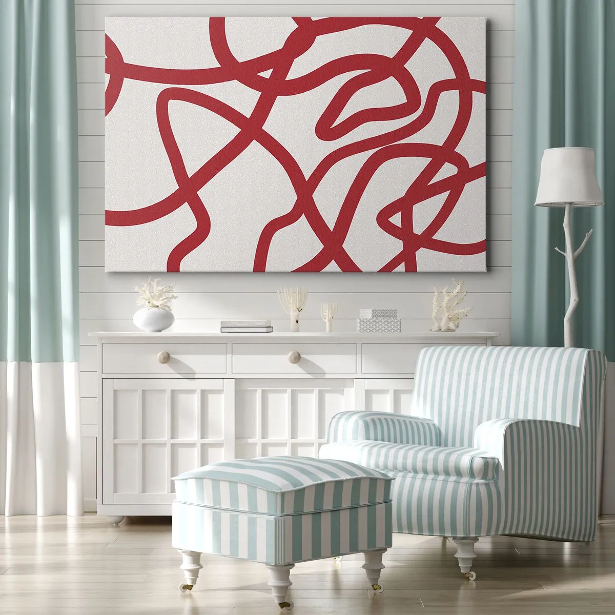 Obraz na plátně - Červené abstraktní čáry na bílém pozadí - 70x50cm - Červené na bílém - Moderní nástěnná dekorace do obývacího pokoje a ložnice ARTTOR