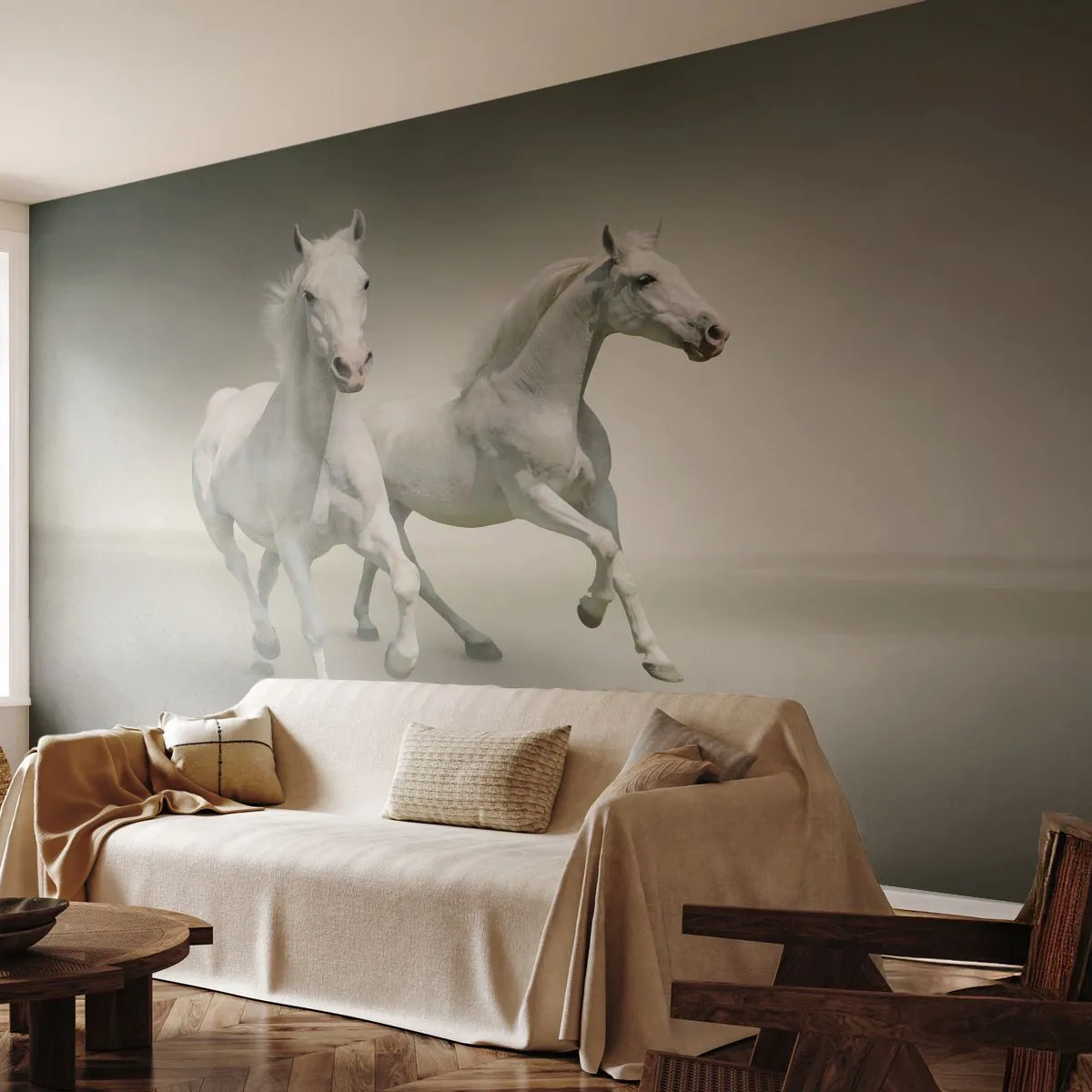 Fototapeta Standard Eco - White power! - Zvířata, Koně, Příroda - 500x350 cm