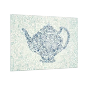 Obraz na skle - Květinová konvice ve vintage stylu - 70x50cm - Čajové kouzlo - Moderní nástěnná dekorace do obývacího pokoje a ložnice ARTTOR