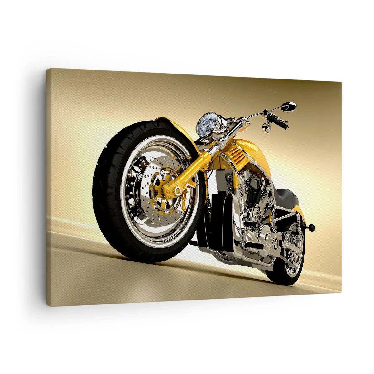 Obraz na plátně - Žlutý motocykl ve stylu chopperu proti béžové zdi - 70x50cm - Sen o síle a rychlosti - Moderní nástěnná dekorace do obývacího pokoje a ložnice ARTTOR