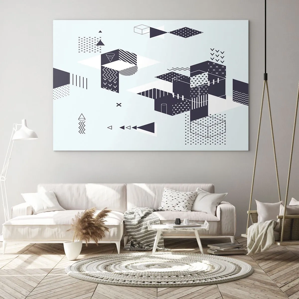 Obraz na skle - Abstraktní geometrické kompozice v černé a bílé na světlém pozadí - 70x50cm - V duši matematika - Moderní nástěnná dekorace do obývacího pokoje a ložnice ARTTOR