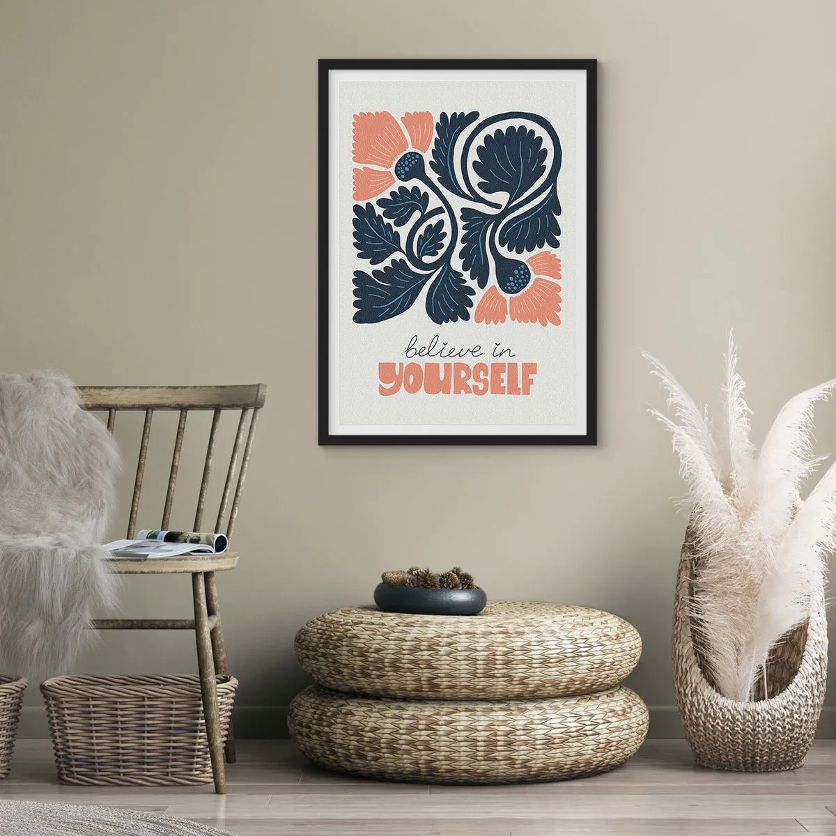 Plakát v černém rámu - Stylizované květiny v tmavě modré a růžové barvě s inspirativním nápisem - 50x70cm - A ty rozkvétáš - Moderní nástěnná dekorace do obývacího pokoje a ložnice ARTTOR