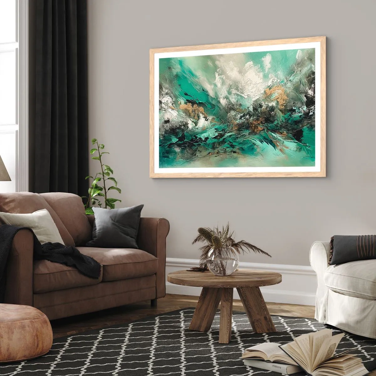 Plakát v rámu světlý dub - Smaragdově černé vlnobití - 40x30 cm