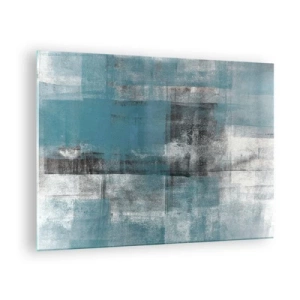 Obraz na skle - Abstrakce v odstínech modré a šedé s geometrickými tvary - 70x50cm - Voda a vzduch - Moderní nástěnná dekorace do obývacího pokoje a ložnice ARTTOR