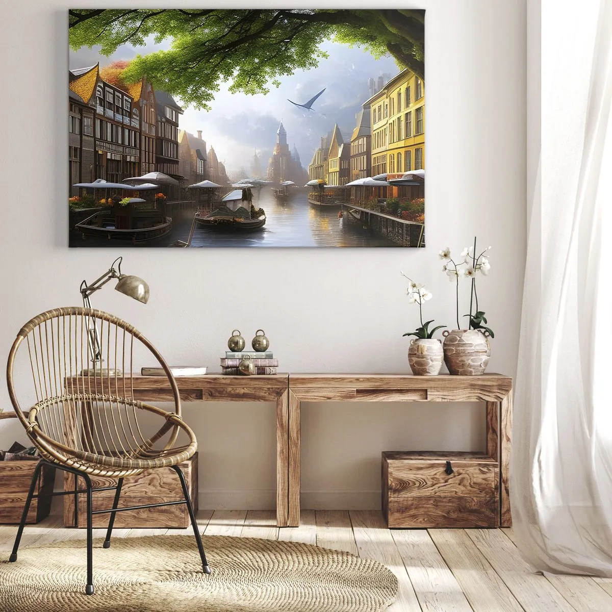 Obraz na plátně - Malebná holandská krajina s kanálem a činžovními domy - 70x50cm - Nizozemská městská krajinka - Moderní nástěnná dekorace do obývacího pokoje a ložnice ARTTOR