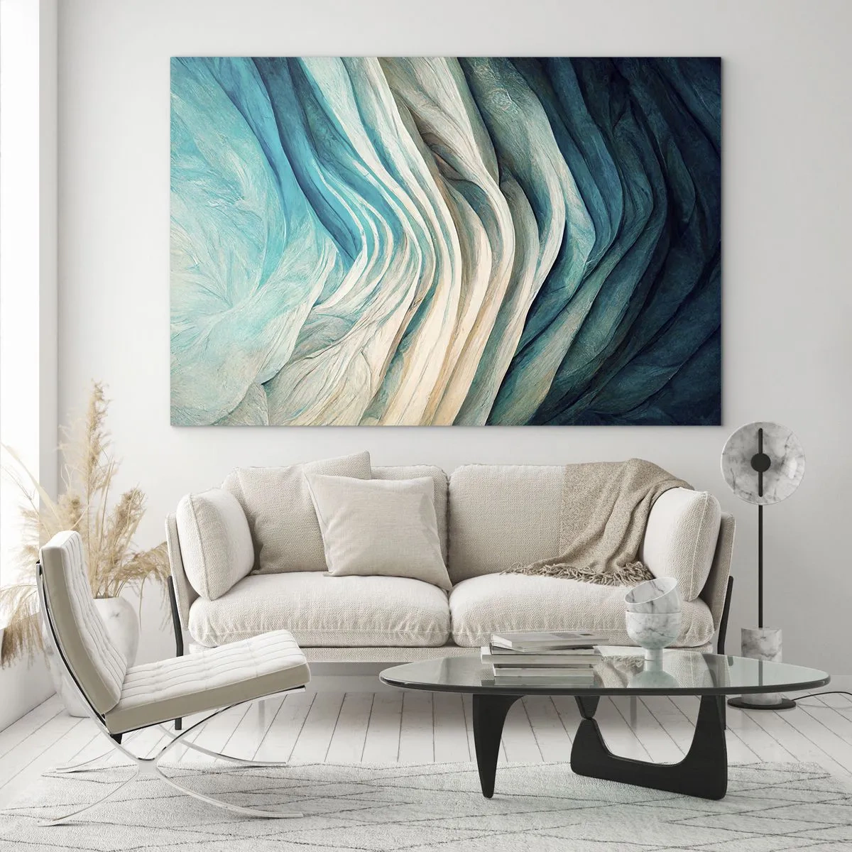 Obraz na skle - Abstraktní vlny v odstínech modré a béžové - 70x50cm - Modrá neukojitelnost - Moderní nástěnná dekorace do obývacího pokoje a ložnice ARTTOR