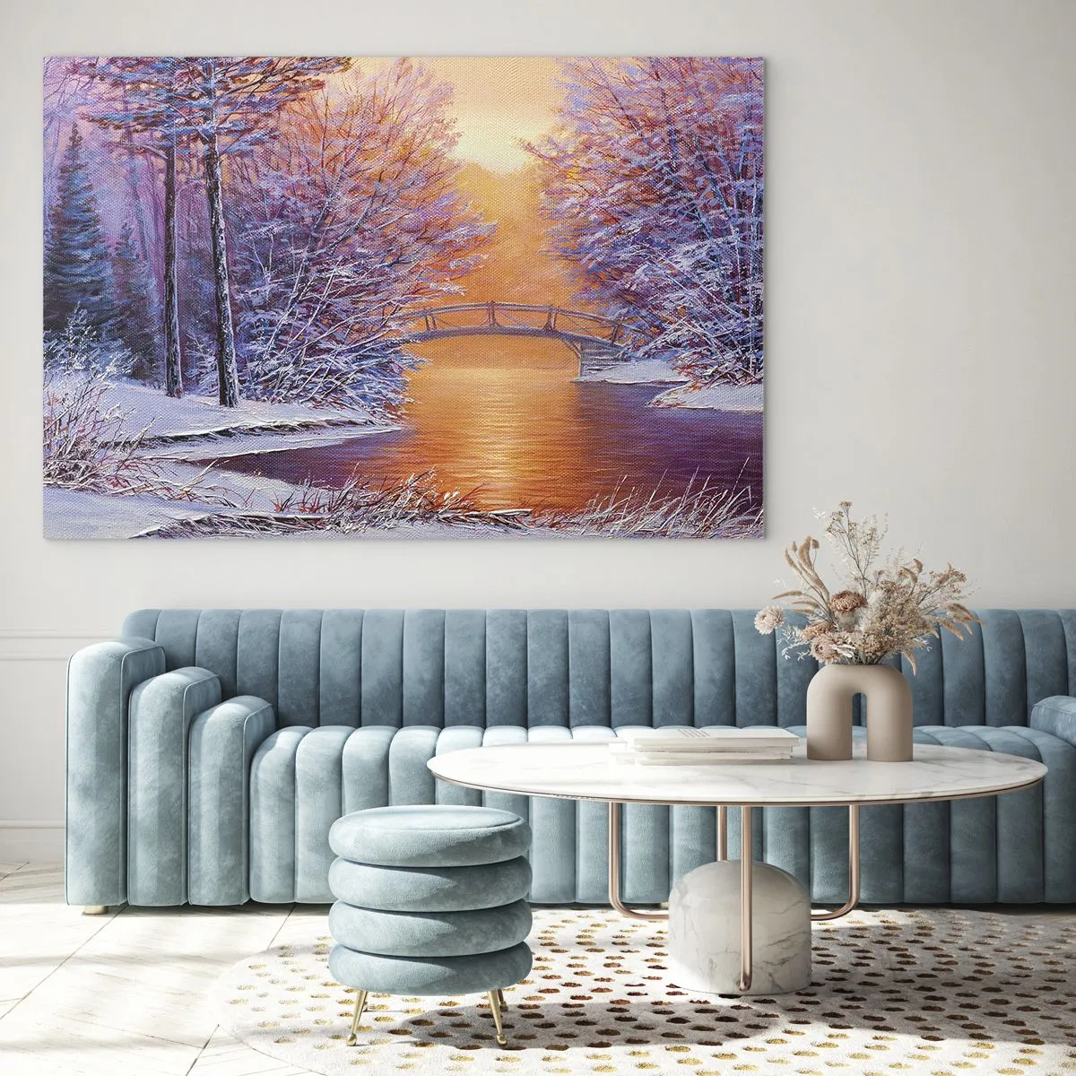 Obraz na skle - Zimní krajina s mostem a zasněženými stromy při západu slunce - 70x50cm - Sejdeme se zde - Moderní nástěnná dekorace do obývacího pokoje a ložnice ARTTOR