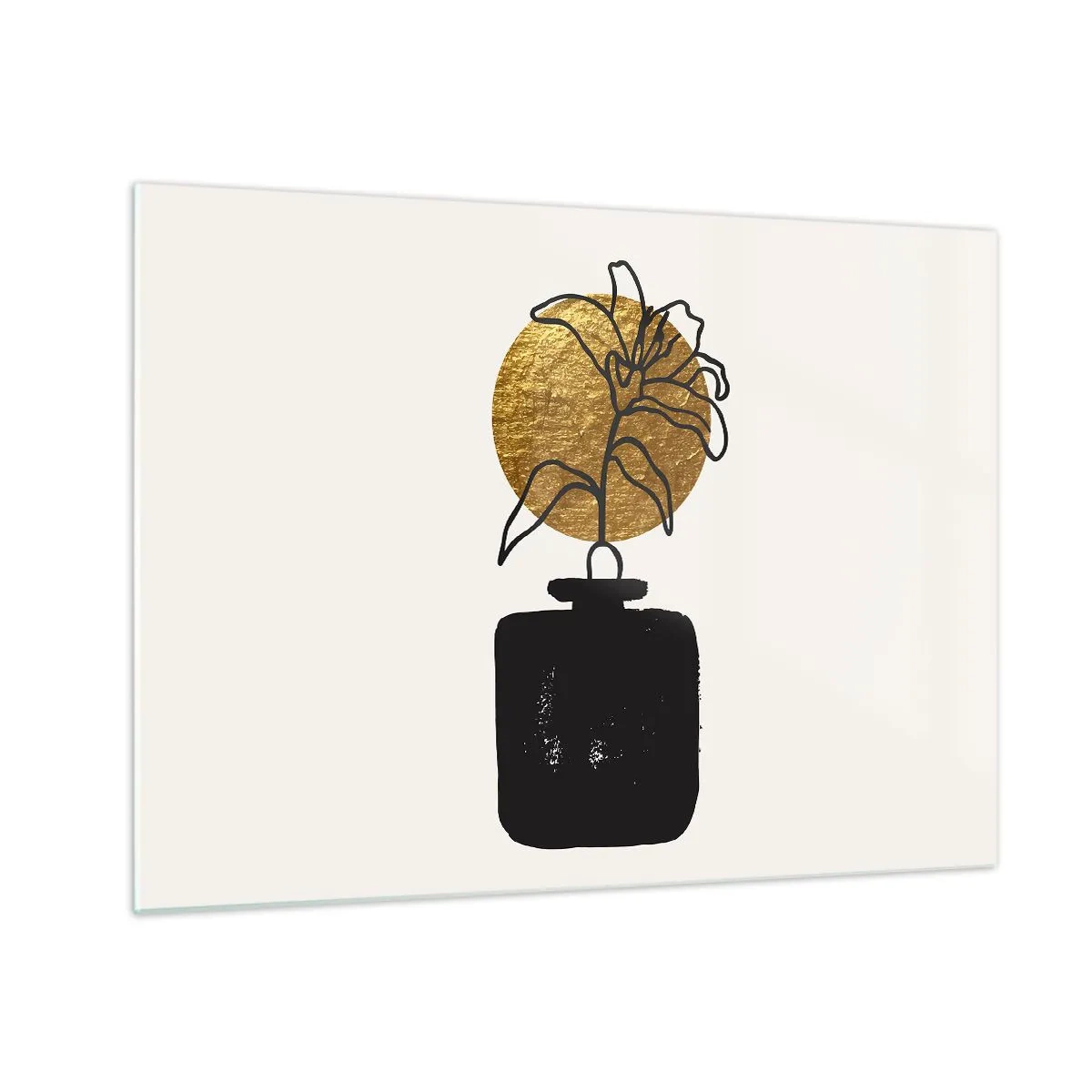 Obraz na skle - Minimalistická grafika s květinou ve zlatém kruhu a černou vázou - 70x50cm - Krása, která má cenu zlata - Moderní nástěnná dekorace do obývacího pokoje a ložnice ARTTOR