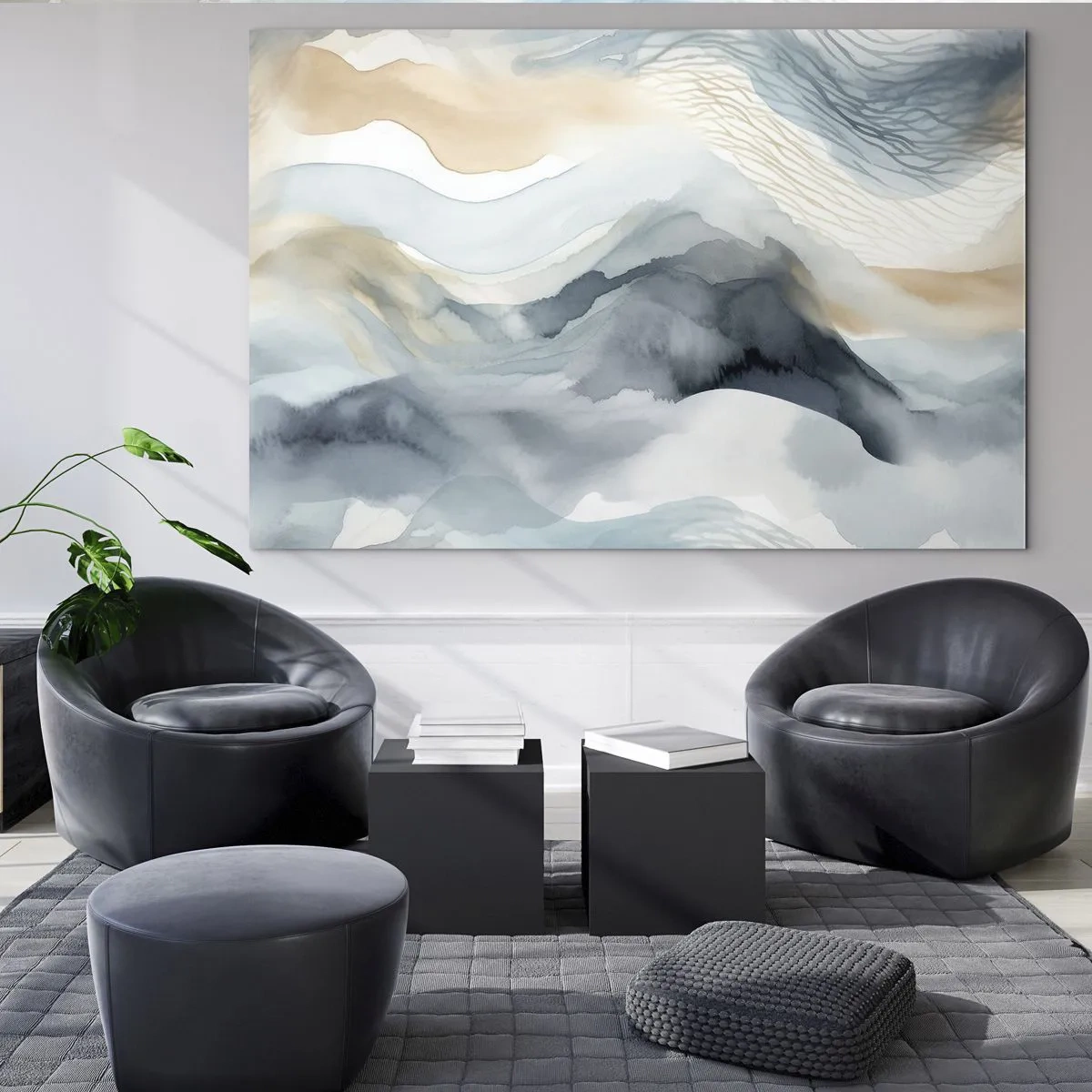 Obraz na skle - Abstraktní vlny v odstínech béžové a modré - 70x50cm - Abstrakce sněhu a mlhy - Moderní nástěnná dekorace do obývacího pokoje a ložnice ARTTOR