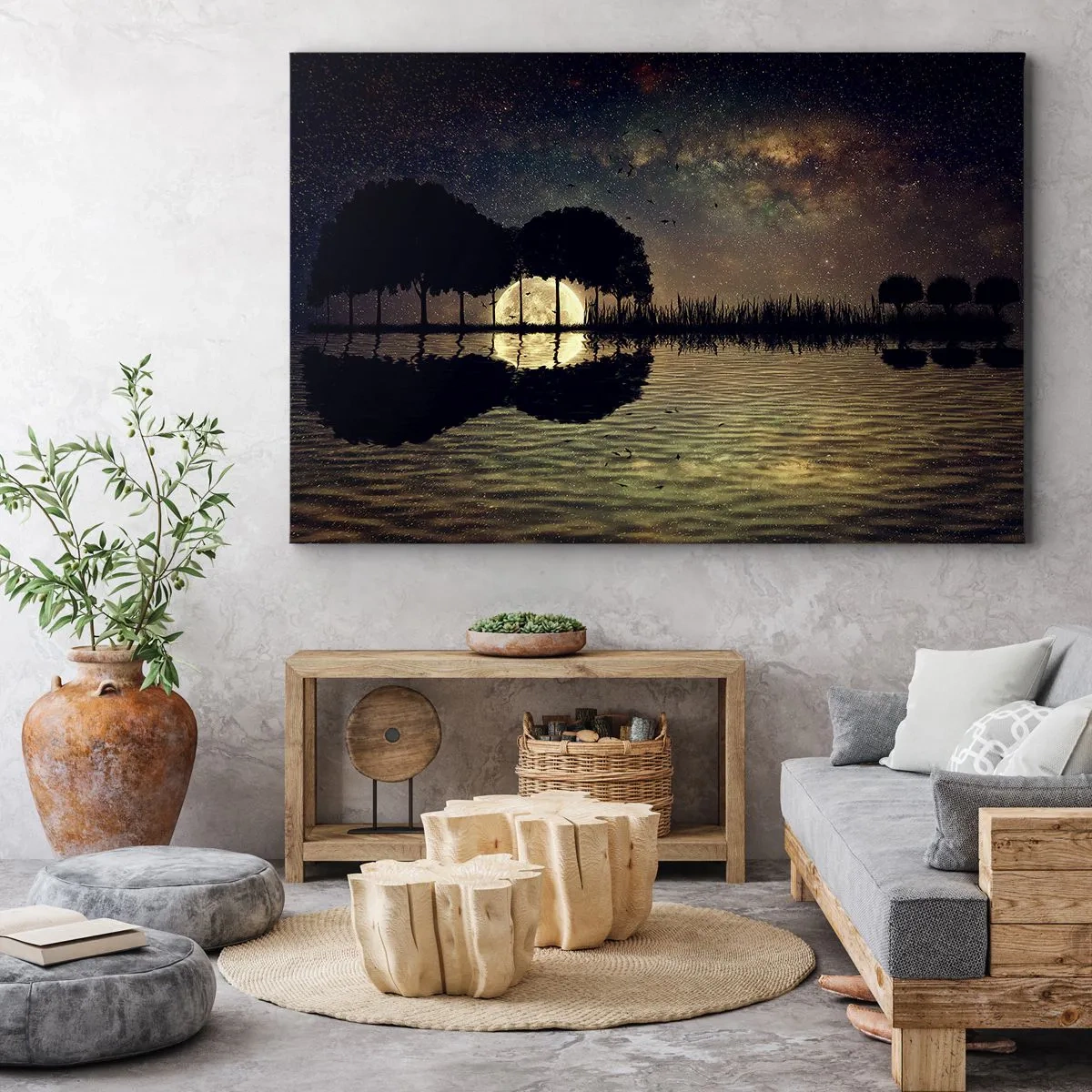 Obraz na plátně - Kouzelná noc se stromy a měsícem odrážejícím se na vodě - 70x50cm - Noc na konci světa - Moderní nástěnná dekorace do obývacího pokoje a ložnice ARTTOR