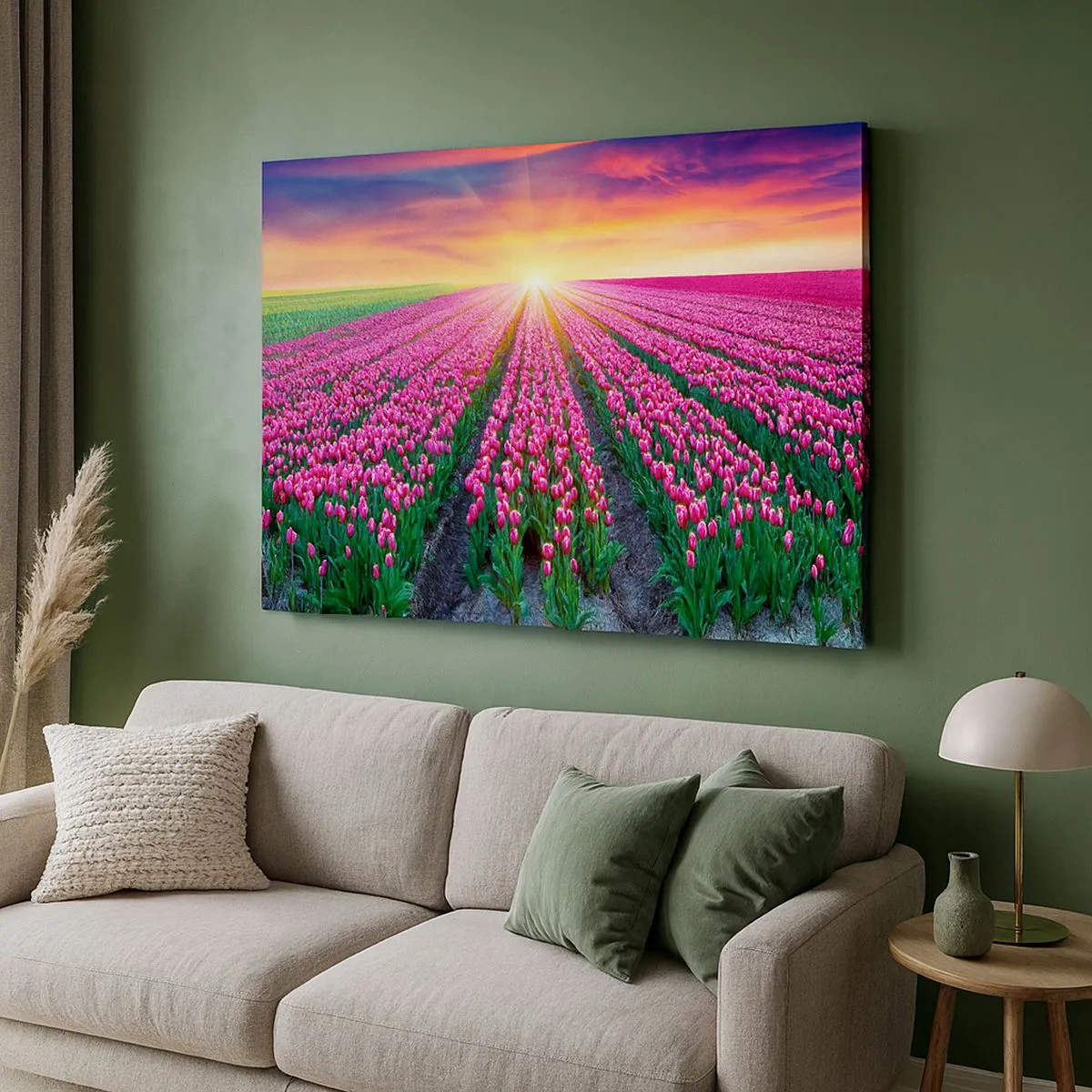 Obraz na plátně - Pole tulipánů při západu slunce - 70x50cm - Farma krásy - Moderní nástěnná dekorace do obývacího pokoje a ložnice ARTTOR