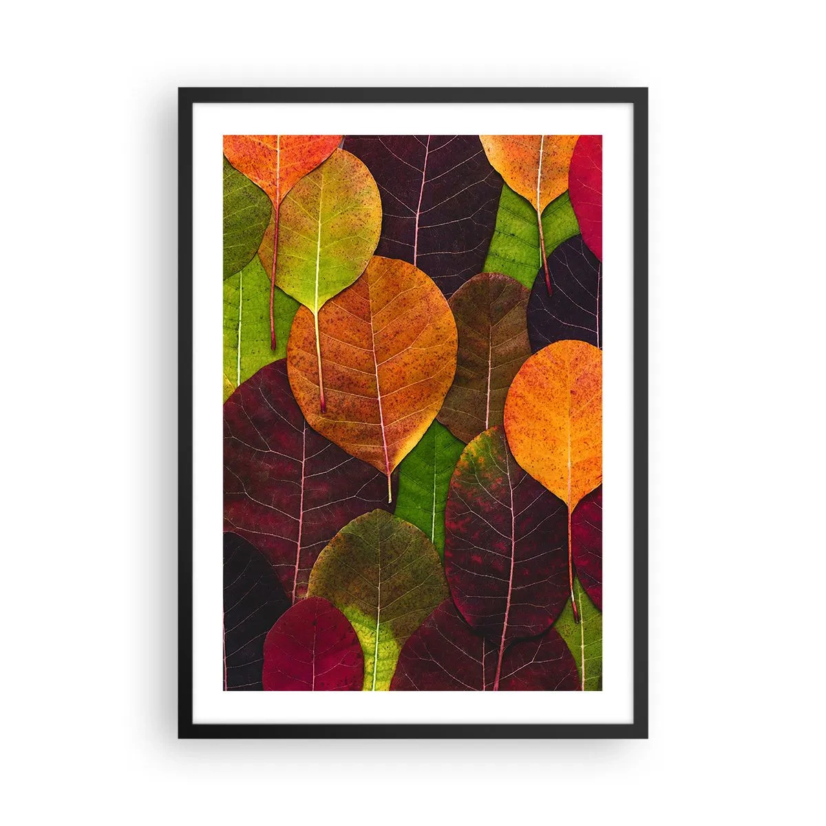 Plakát v černém rámu - Barevné listy v odstínech zelené, oranžové a červené uspořádané do mozaikového vzoru - 50x70cm - Podzimní mozaika - Moderní nástěnná dekorace do obývacího pokoje a ložnice ARTTOR