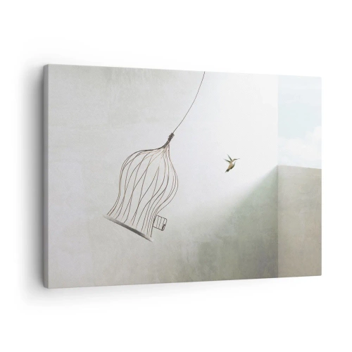 Obraz na plátně - Pták osvobozený z klece na pozadí jasné oblohy - 70x50cm - Ve svém živlu - Moderní nástěnná dekorace do obývacího pokoje a ložnice ARTTOR