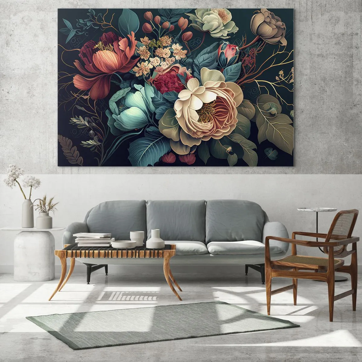 Obraz na skle - Vintage květinová kytice na tmavém pozadí - 70x50cm - Půvab 19. století - Moderní nástěnná dekorace do obývacího pokoje a ložnice ARTTOR