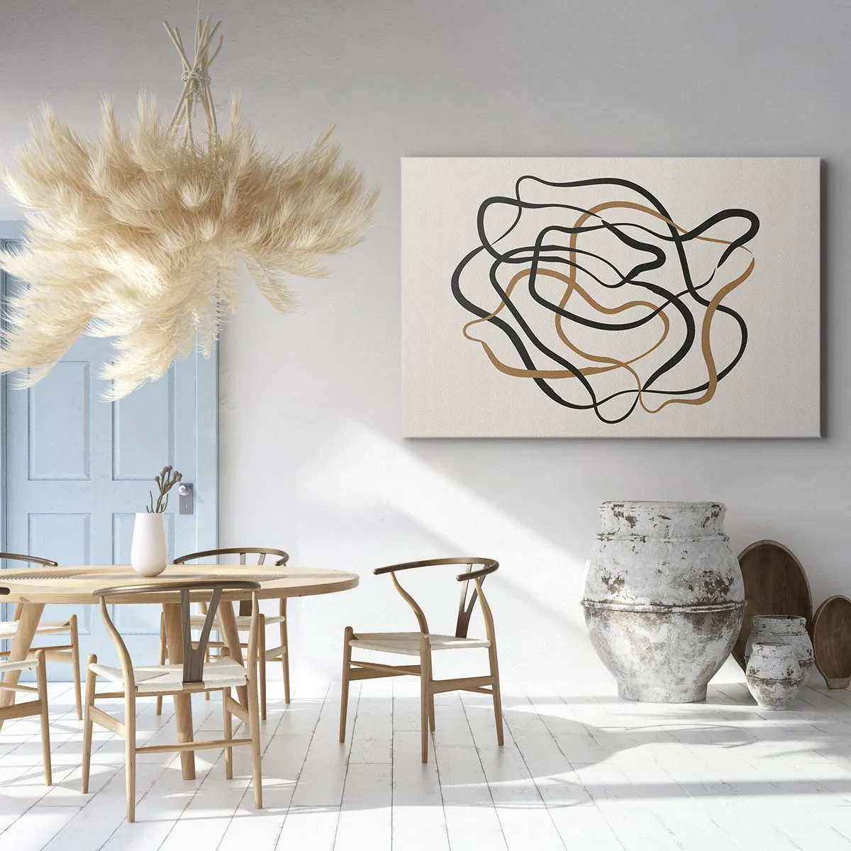 Obraz na plátně - Zamotané čáry v černé a zlaté barvě na světlém pozadí - 70x50cm - Všechno se pokroutilo - Moderní nástěnná dekorace do obývacího pokoje a ložnice ARTTOR