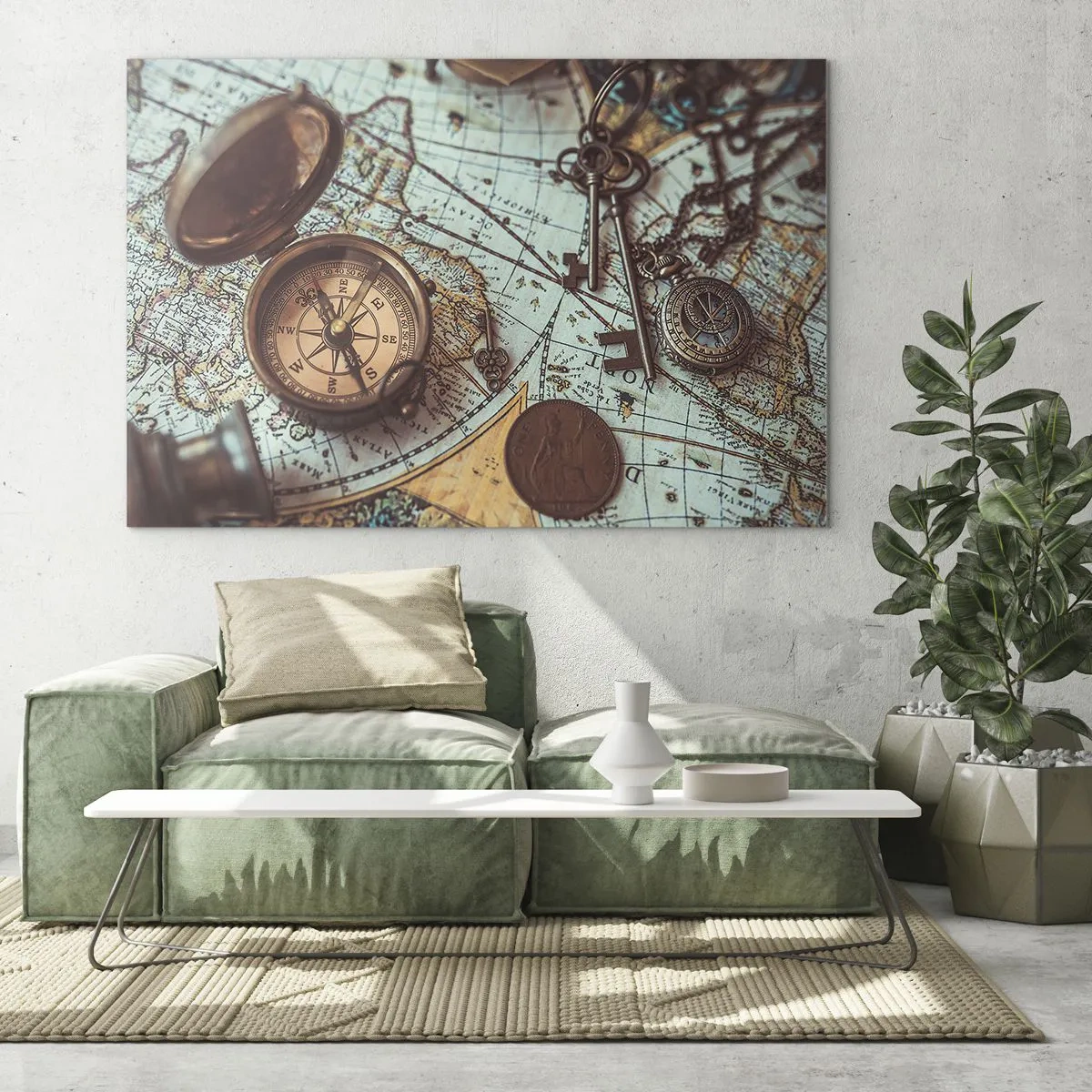 Obraz na skle - Starožitný kompas na pozadí mapy a starožitných klíčů. - 70x50cm - Pro dobrodruha - Moderní nástěnná dekorace do obývacího pokoje a ložnice ARTTOR