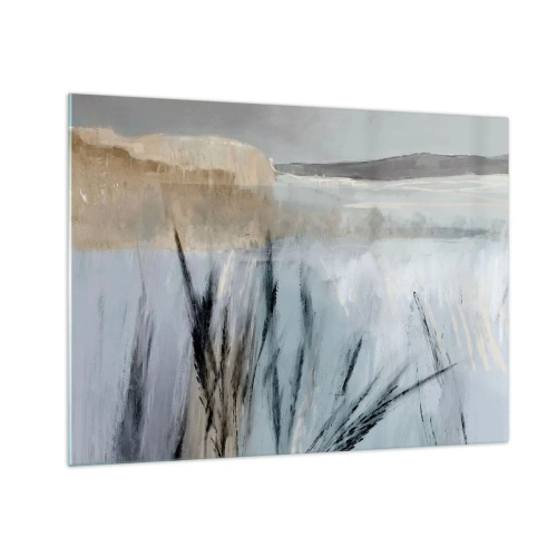 Obraz na skle - Zimní krajina s trávami na pozadí zasněžených polí - 70x50cm - Zimní pole - Moderní nástěnná dekorace do obývacího pokoje a ložnice ARTTOR