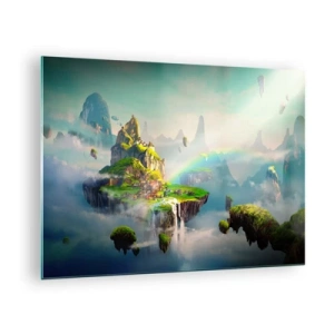 Obraz na skle - Létající ostrovy v oblacích s duhami a vodopády - 70x50cm - Uprostřed nebe - šťastné ostrovy - Moderní nástěnná dekorace do obývacího pokoje a ložnice ARTTOR