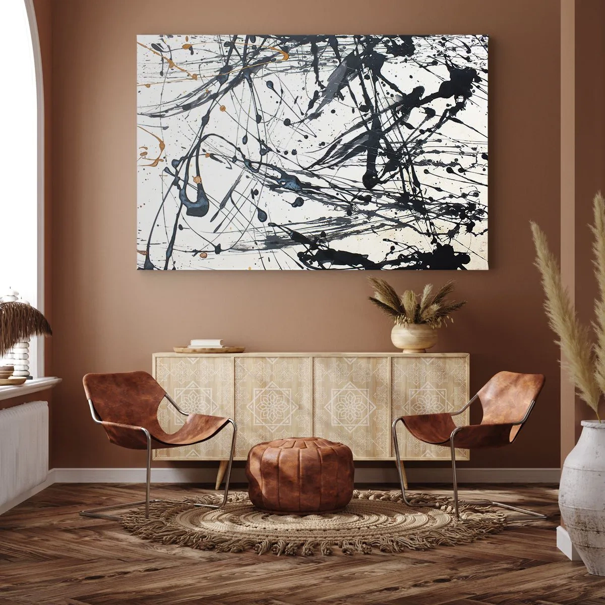 Obraz na plátně - Abstraktní malba vzor s dynamickými čarami a skvrnami - 70x50cm - Se smyslem nebo bez smyslu? - Moderní nástěnná dekorace do obývacího pokoje a ložnice ARTTOR