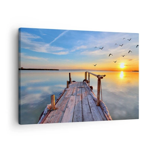 Obraz na plátně - Dřevěné molo při západu slunce na klidném jezeře - 70x50cm - Jít před sebe směrem ke slunci - Moderní nástěnná dekorace do obývacího pokoje a ložnice ARTTOR