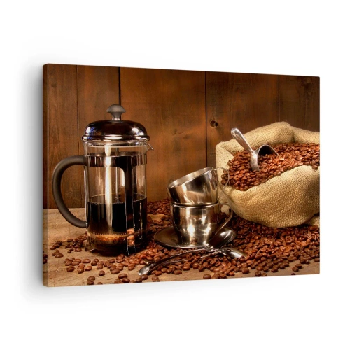 Obraz na plátně - French press, šálky a sáček kávy na dřevěném pozadí - 70x50cm - Kouzlo kávy - aroma a chuť - Moderní nástěnná dekorace do obývacího pokoje a ložnice ARTTOR
