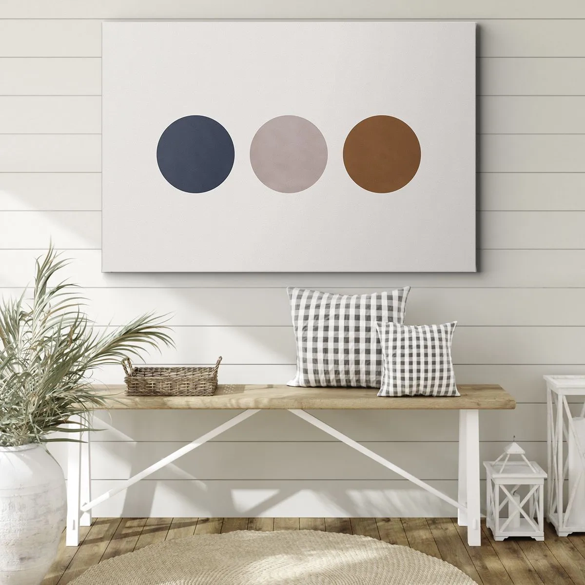 Obraz na plátně - Minimalistická kompozice se třemi barevnými kruhy - 70x50cm - Symbol dokonalosti - Moderní nástěnná dekorace do obývacího pokoje a ložnice ARTTOR