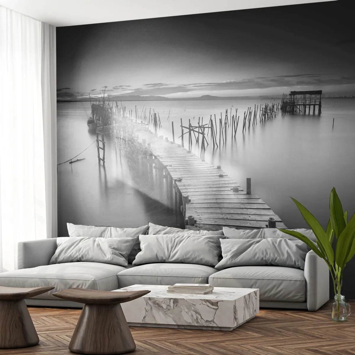 Fototapeta Samolepicí Deluxe Sticker - Klid zapomenutého břehu - Krajina, jezero, Dřevěný most - 250x175 cm