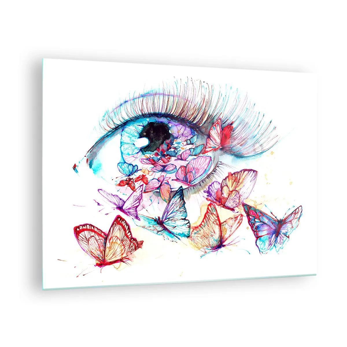 Obraz na skle - Ženské oko obklopené barevnými akvarelovými motýly - 70x50cm - Pohádkové kouzlo očí - Moderní nástěnná dekorace do obývacího pokoje a ložnice ARTTOR