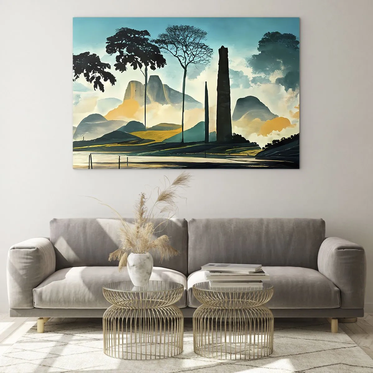 Obraz na skle - Fantastická krajina s horami, stromy a tyčící se skálou - 70x50cm - Výš a výš - Moderní nástěnná dekorace do obývacího pokoje a ložnice ARTTOR