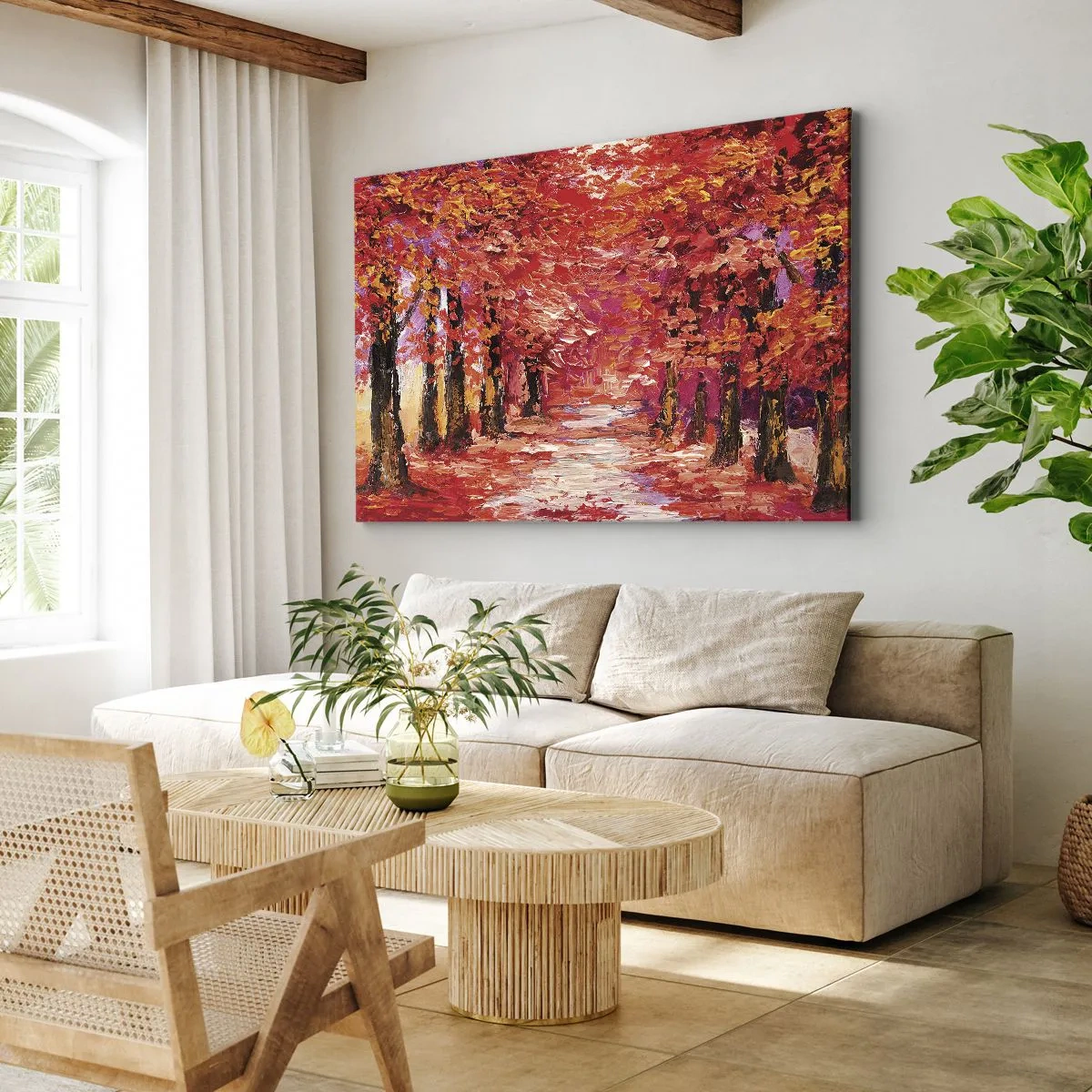 Obraz na plátně - Malebná ulička v podzimních barvách v impresionistickém stylu - 70x50cm - Podzimní imprese - Moderní nástěnná dekorace do obývacího pokoje a ložnice ARTTOR