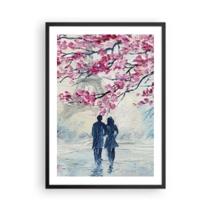 Plakát v černém rámu - Pár pod kvetoucími větvemi v romantické krajině - 50x70cm - Romantická procházka - Moderní nástěnná dekorace do obývacího pokoje a ložnice ARTTOR