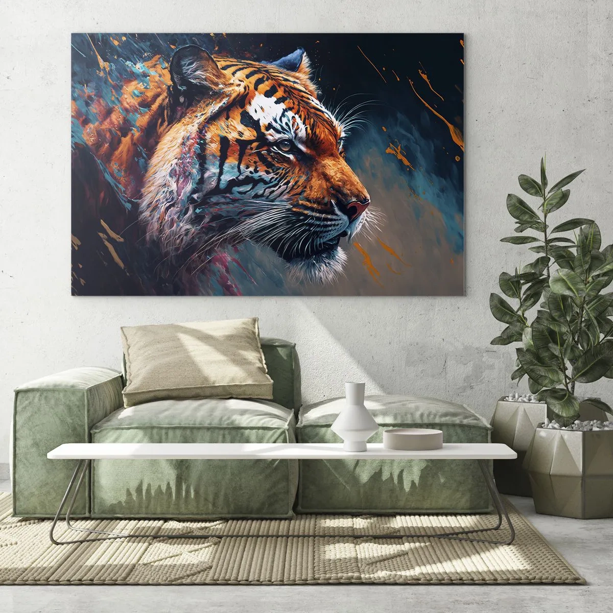 Obraz na skle - Portrét tygra v umělecké explozi barev - 70x50cm - Divoká krása - Moderní nástěnná dekorace do obývacího pokoje a ložnice ARTTOR