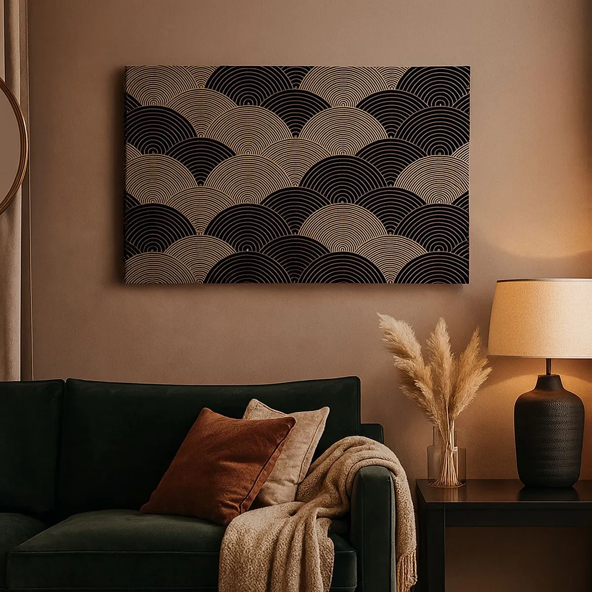 Obraz na plátně - Vzor ve stylu art deco s půlkruhy a zlatými linkami - 70x50cm - Jednota v mnohosti - Moderní nástěnná dekorace do obývacího pokoje a ložnice ARTTOR