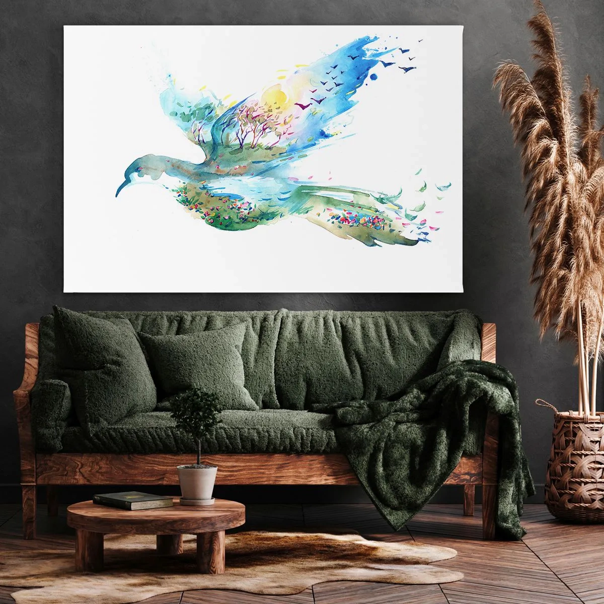 Obraz na plátně - Akvarelová kompozice ptáka s prvky přírody - 70x50cm - Na křídlech přírody - Moderní nástěnná dekorace do obývacího pokoje a ložnice ARTTOR