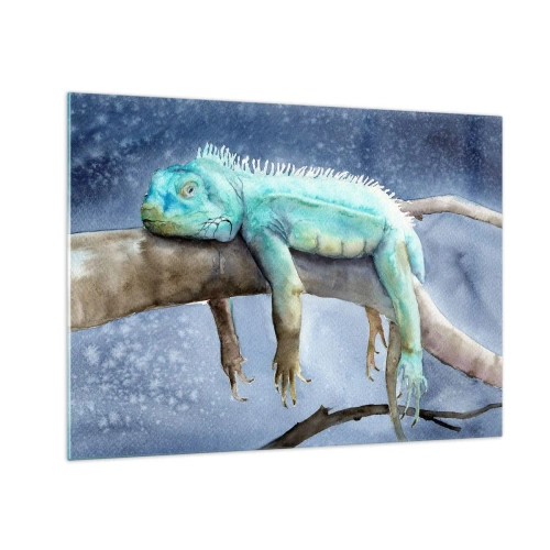 Obraz na skle - Modrý leguán ležící na větvi ve stylu akvarelu - 70x50cm - Je to fajn! - Moderní nástěnná dekorace do obývacího pokoje a ložnice ARTTOR