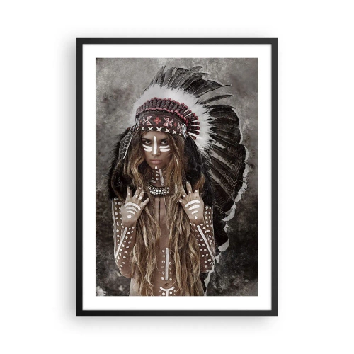 Plakát v černém rámu - Žena v opeřené čelence s bílými malbami na těle - 50x70cm - Tajemství kmenové síly - Moderní nástěnná dekorace do obývacího pokoje a ložnice ARTTOR