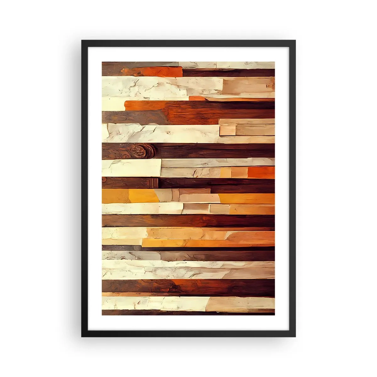 Plakát v černém rámu - Abstraktní kompozice dřevěných panelů v teplých barvách. - 50x70cm - Hymna lesních stromů - Moderní nástěnná dekorace do obývacího pokoje a ložnice ARTTOR