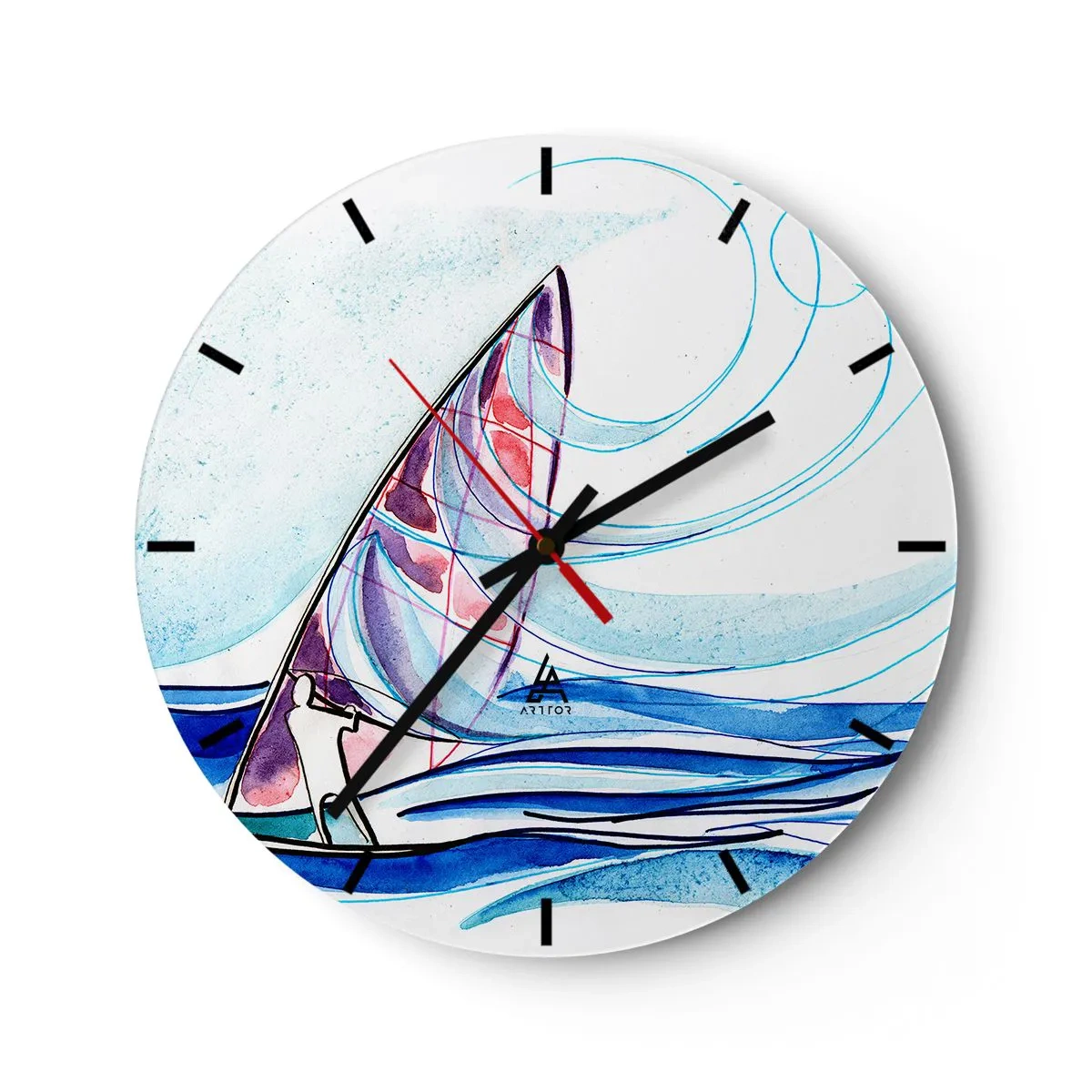 Nástěnné hodiny - Plachetnice na rozbouřeném moři v dynamické, abstraktní podobě - 30x30cm - S větrem v rytmu vln - Moderní nástěnná dekorace do obývacího pokoje, kuchyně a ložnice ARTTOR