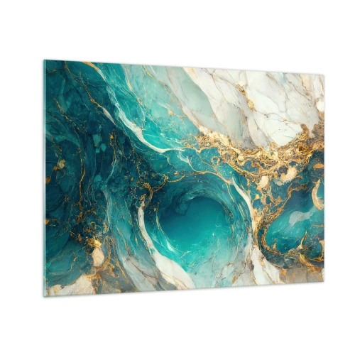 Obraz na skle - Abstraktní kompozice s tyrkysovými a zlatými žilkami - 70x50cm - Kompozice se zlatými žilami - Moderní nástěnná dekorace do obývacího pokoje a ložnice ARTTOR