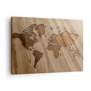 Obraz na plátně - Mapa světa vystřižená na dřevěné desce - 70x50cm - Svět podaný na stole - Moderní nástěnná dekorace do obývacího pokoje a ložnice ARTTOR